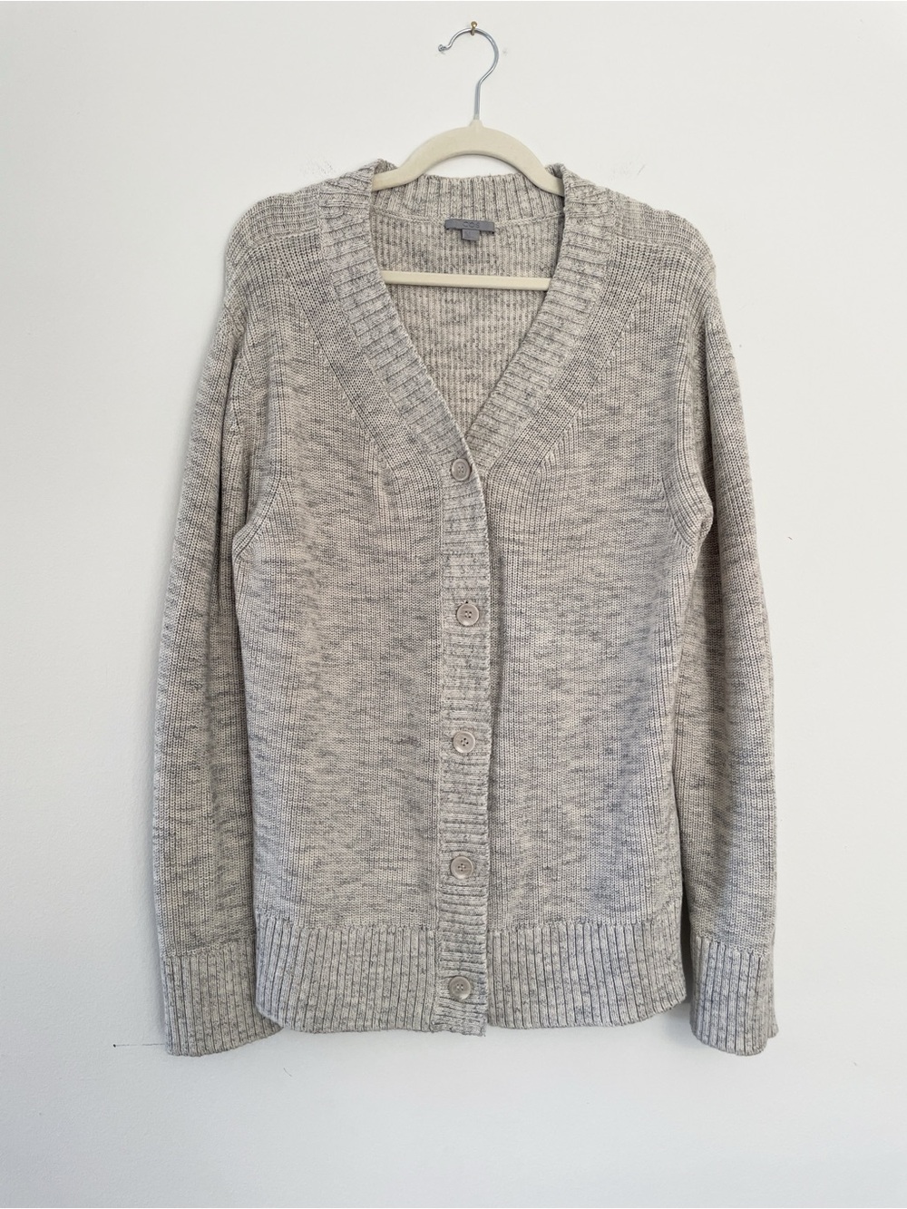 COS Marled Neutral Knit Cardigan Sweater Ribbed Trimmed Cotton Button Up V neck